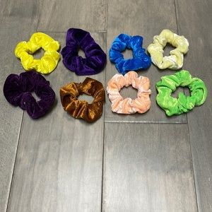 8 different colored scrunchies, all for $7.